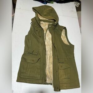 Olive Green Hooded Vest with Faux Fur Lining